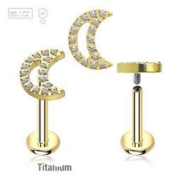Pack of 5 Gold PVD plated titanium internally threaded labrets, Thickness 1.2mm, with a CZ studded moon top - G23 ASTM F-136 implant grade titanium body jewelry