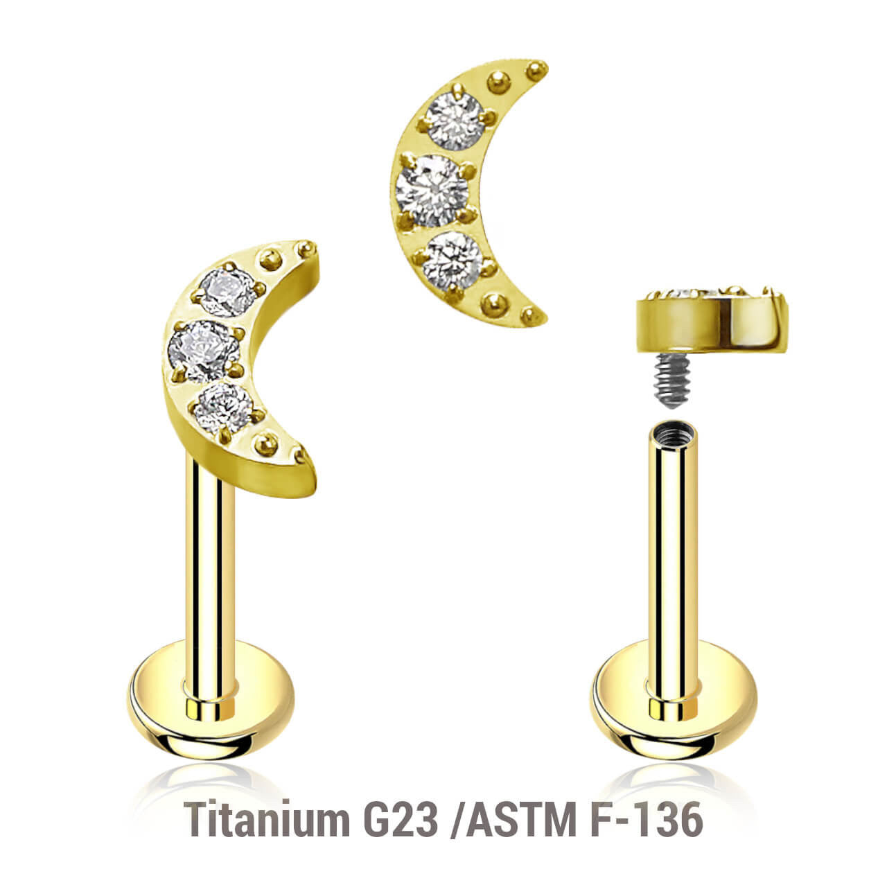 Pack of 5 Gold PVD plated titanium internally threaded labrets, Thickness 1.2mm, with a small moon top with 3 CZ