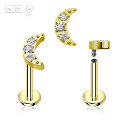 Pack of 5 Gold PVD plated titanium internally threaded labrets, Thickness 1.2mm, with a small moon top with 3 CZ - G23 ASTM F-136 implant grade titanium body jewelry