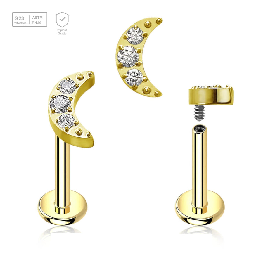 Pack of 5 Gold PVD plated titanium internally threaded labrets, Thickness 1.2mm, with a small moon top with 3 CZ - G23 ASTM F-136 implant grade titanium body jewelry