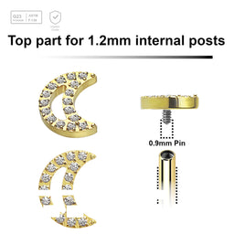 Pack of 5 Gold PVD plated Titanium G23 Internally threaded labret tops with a CZ studded moon design, Thread size 0.9mm - G23 ASTM F-136 implant grade titanium body jewelry