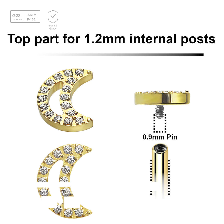 Pack of 5 Gold PVD plated Titanium G23 Internally threaded labret tops with a CZ studded moon design, Thread size 0.9mm - G23 ASTM F-136 implant grade titanium body jewelry