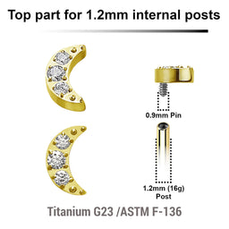 Pack of 5 Gold PVD plated Titanium G23 Internally threaded labret tops with a small moon with 3 CZ, Thread size 0.9mm