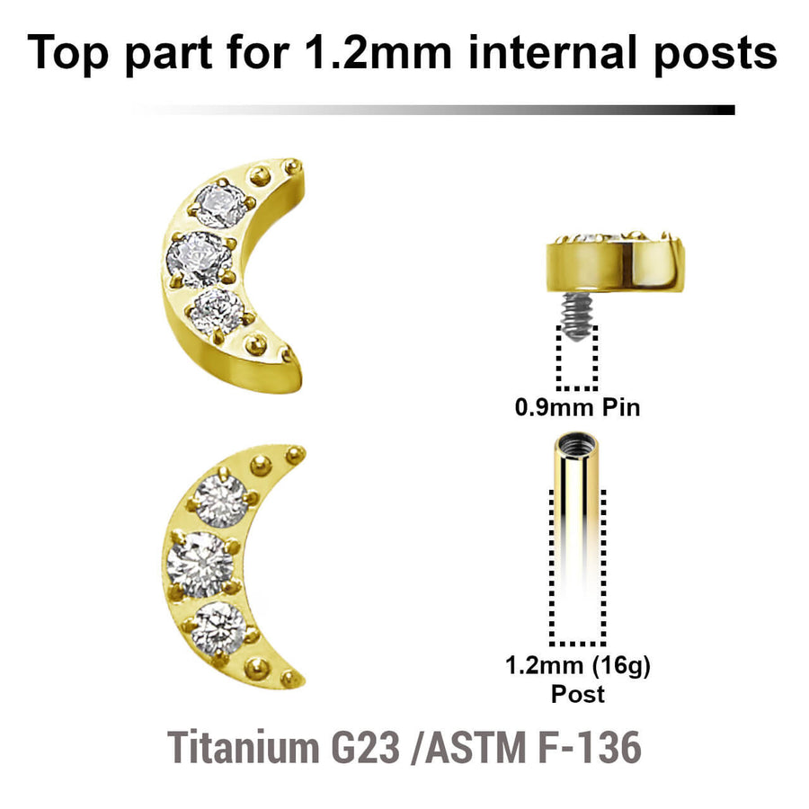 Pack of 5 Gold PVD plated Titanium G23 Internally threaded labret tops with a small moon with 3 CZ, Thread size 0.9mm