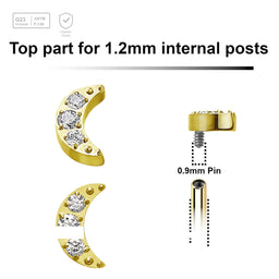Pack of 5 Gold PVD plated Titanium G23 Internally threaded labret tops with a small moon with 3 CZ, Thread size 0.9mm - G23 ASTM F-136 implant grade titanium body jewelry
