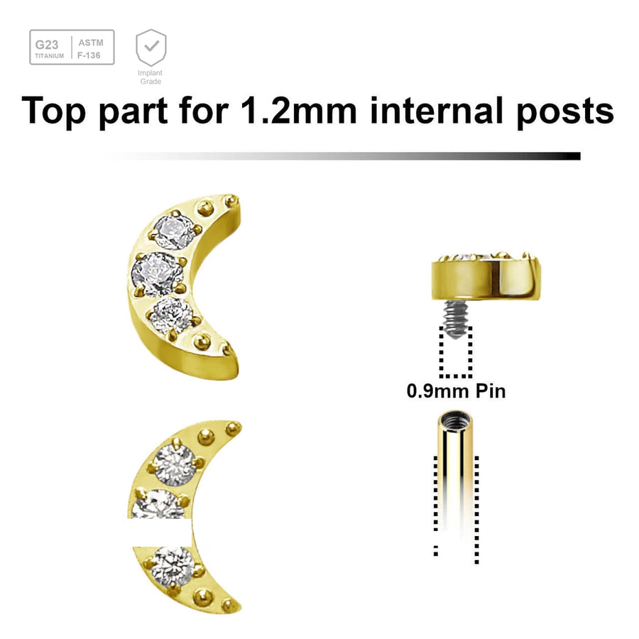 Pack of 5 Gold PVD plated Titanium G23 Internally threaded labret tops with a small moon with 3 CZ, Thread size 0.9mm - G23 ASTM F-136 implant grade titanium body jewelry