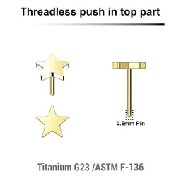 Pack of 5 Gold PVD plated Titanium threadless push in labret top with 3mm flat star tops