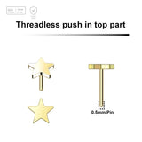 Pack of 5 Gold PVD plated Titanium threadless push in labret top with 3mm flat star tops - G23 ASTM F-136 implant grade titanium body jewelry