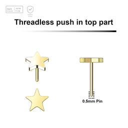 Pack of 5 Gold PVD plated Titanium threadless push in labret top with 3mm flat star tops - G23 ASTM F-136 implant grade titanium body jewelry
