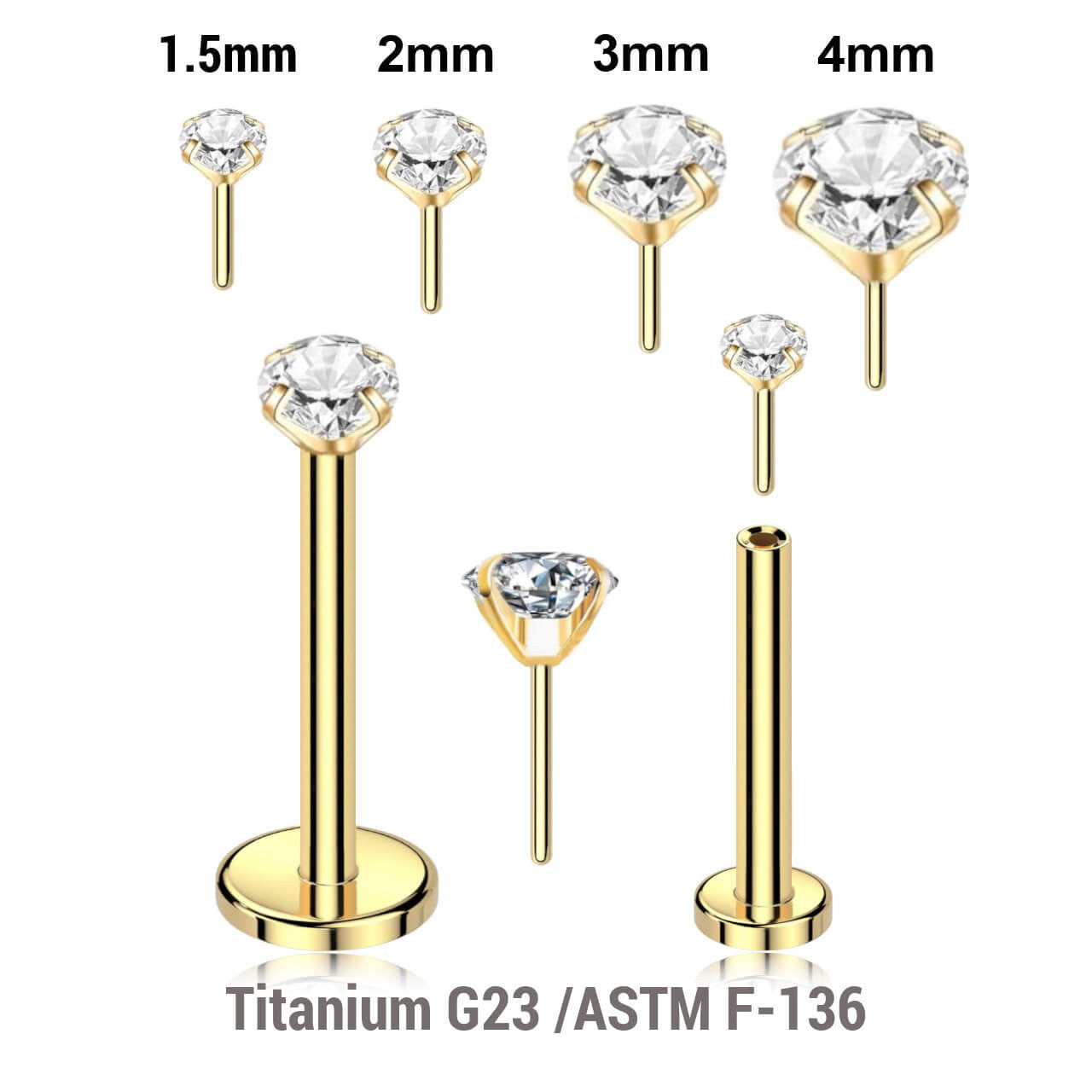 Pack of 5 Gold PVD plated Titanium threadless push in labrets, Thickness 1mm, with prong set round CZ stones