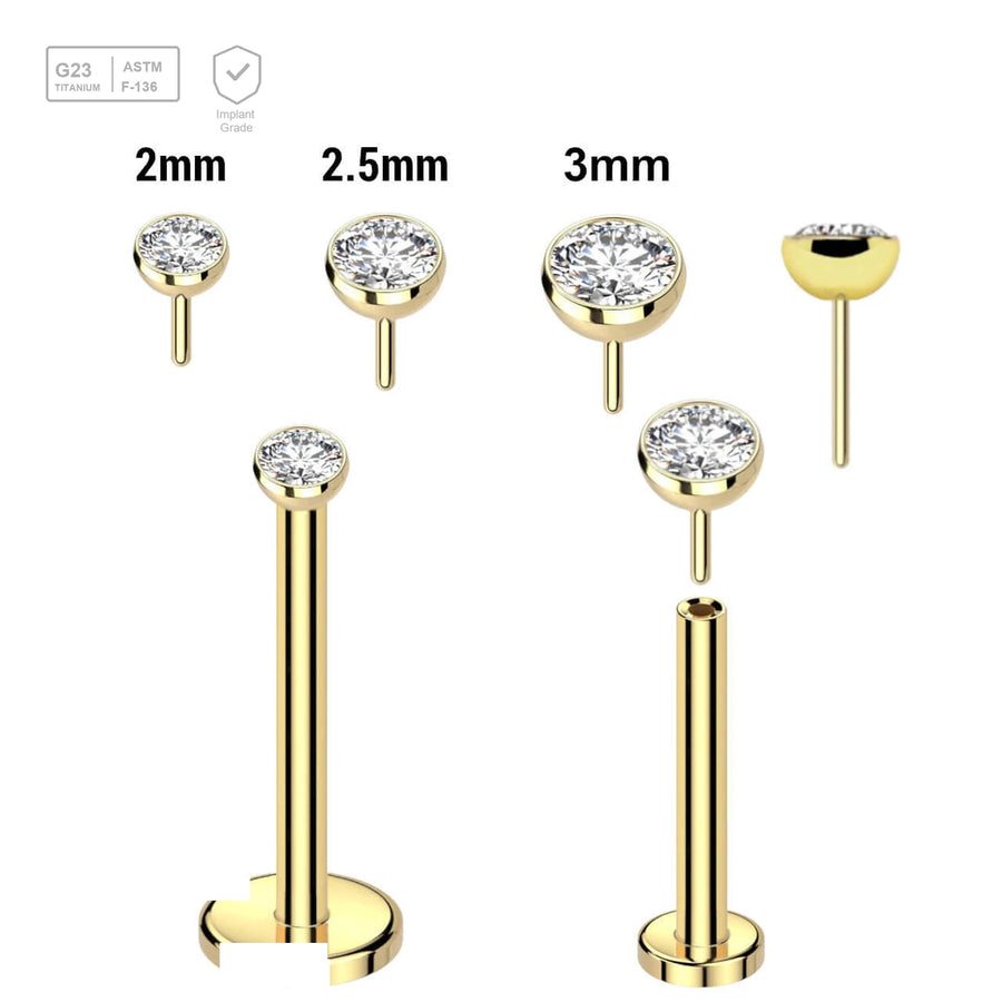 Pack of 5 Gold PVD plated Titanium threadless push in labrets, Thickness 1mm with flat jewel ball tops - G23 ASTM F-136 implant grade titanium body jewelry