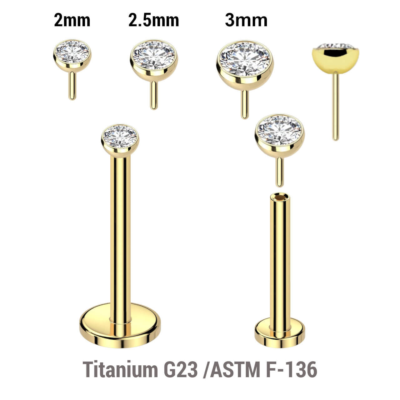 Pack of 5 Gold PVD plated Titanium threadless push in labrets, Thickness 1mm with flat jewel ball tops
