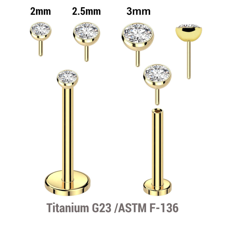 Pack of 5 Gold PVD plated Titanium threadless push in labrets, Thickness 1mm with flat jewel ball tops