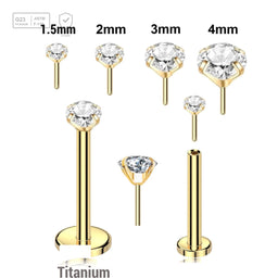 Pack of 5 Gold PVD plated Titanium threadless push in labrets, Thickness 1mm, with prong set round CZ stones - G23 ASTM F-136 implant grade titanium body jewelry