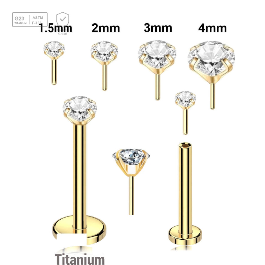 Pack of 5 Gold PVD plated Titanium threadless push in labrets, Thickness 1mm, with prong set round CZ stones - G23 ASTM F-136 implant grade titanium body jewelry