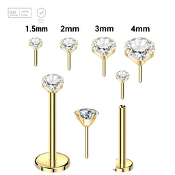 Pack of 5 Gold PVD plated Titanium threadless push in labrets, Thickness 0.8mm, with prong set round CZ stones. - G23 ASTM F-136 implant grade titanium body jewelry