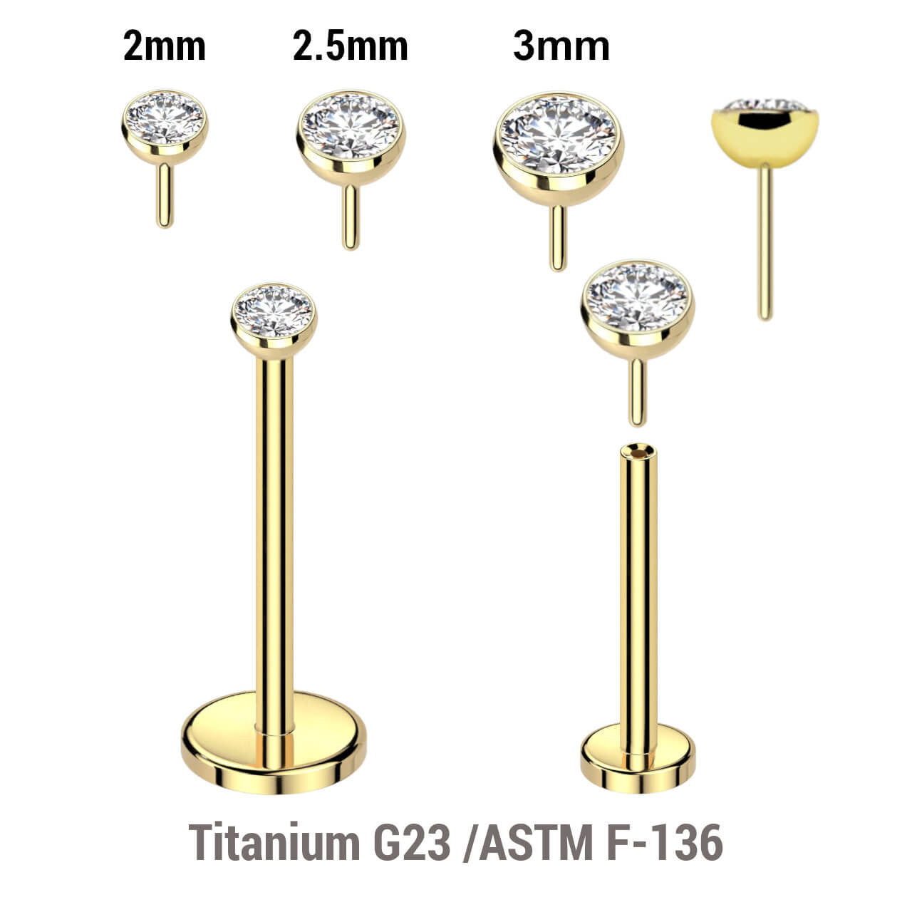 Pack of 5 Gold PVD plated Titanium threadless push in labrets, Thickness 0.8mm with flat jewel ball tops