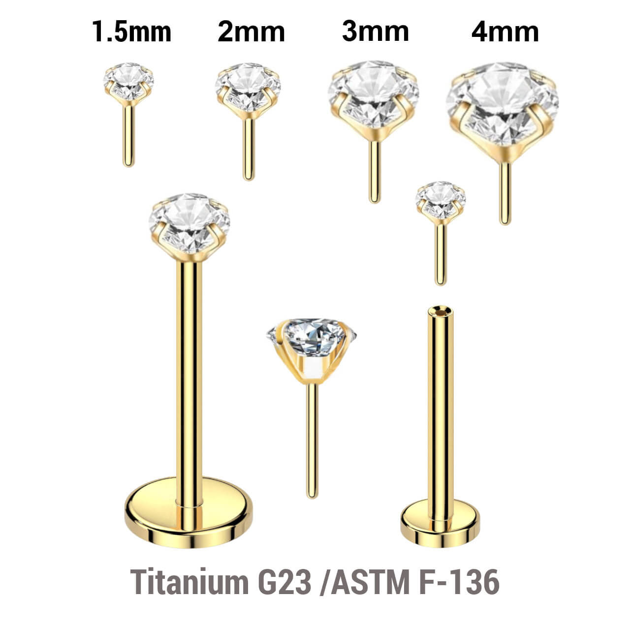 Pack of 5 Gold PVD plated Titanium threadless push in labrets, Thickness 0.8mm, with prong set round CZ stones.