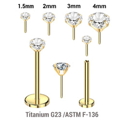 Pack of 5 Gold PVD plated Titanium threadless push in labrets, Thickness 0.8mm, with prong set round CZ stones.