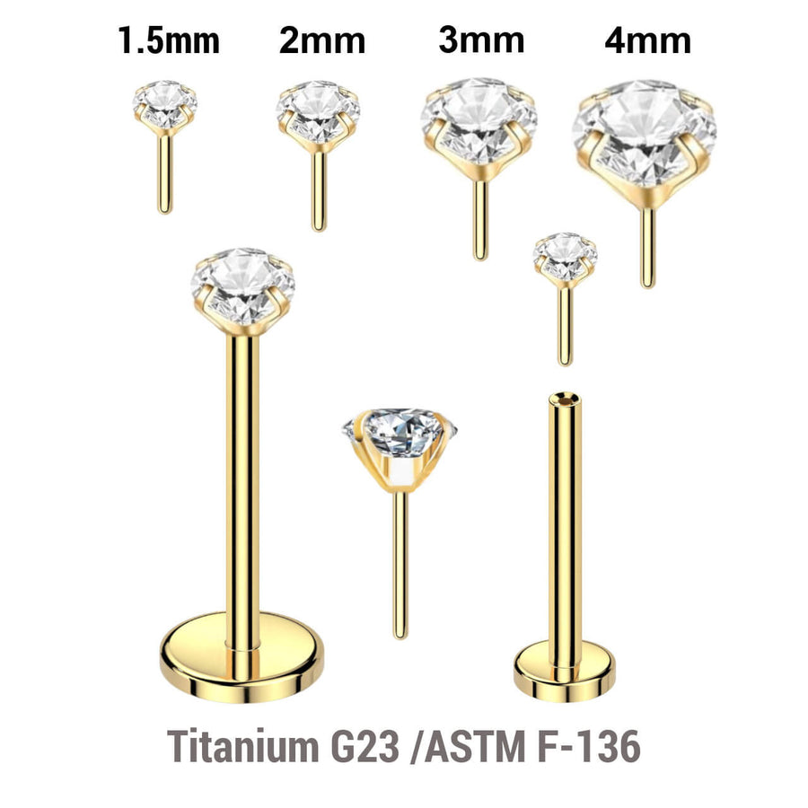 Pack of 5 Gold PVD plated Titanium threadless push in labrets, Thickness 0.8mm, with prong set round CZ stones.