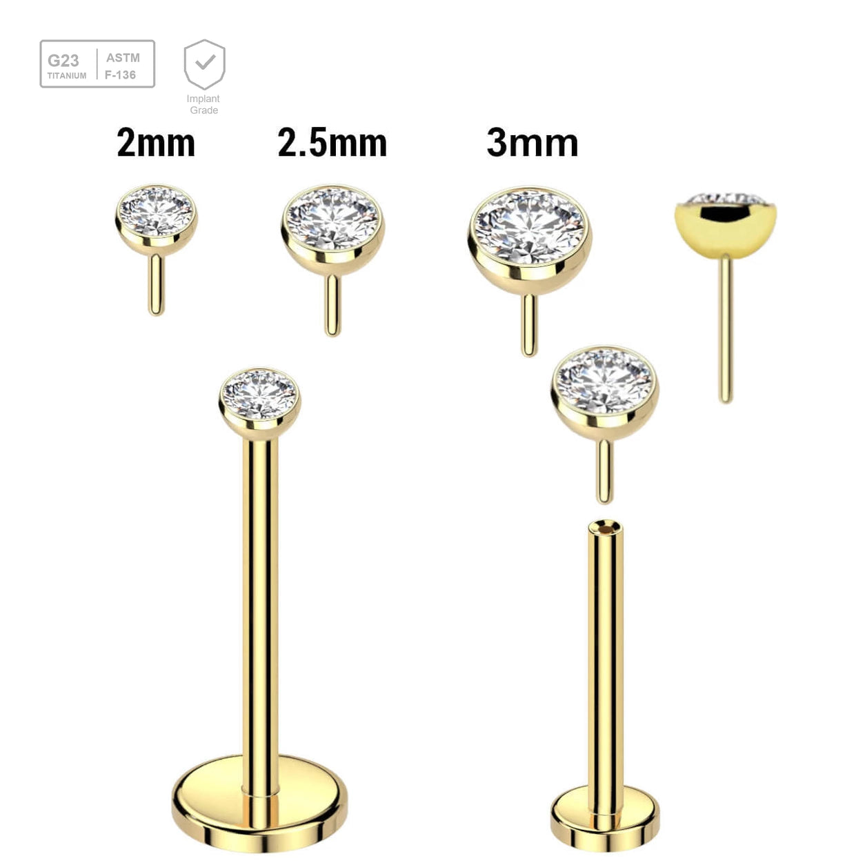 Pack of 5 Gold PVD plated Titanium threadless push in labrets, Thickness 0.8mm with flat jewel ball tops - G23 ASTM F-136 implant grade titanium body jewelry