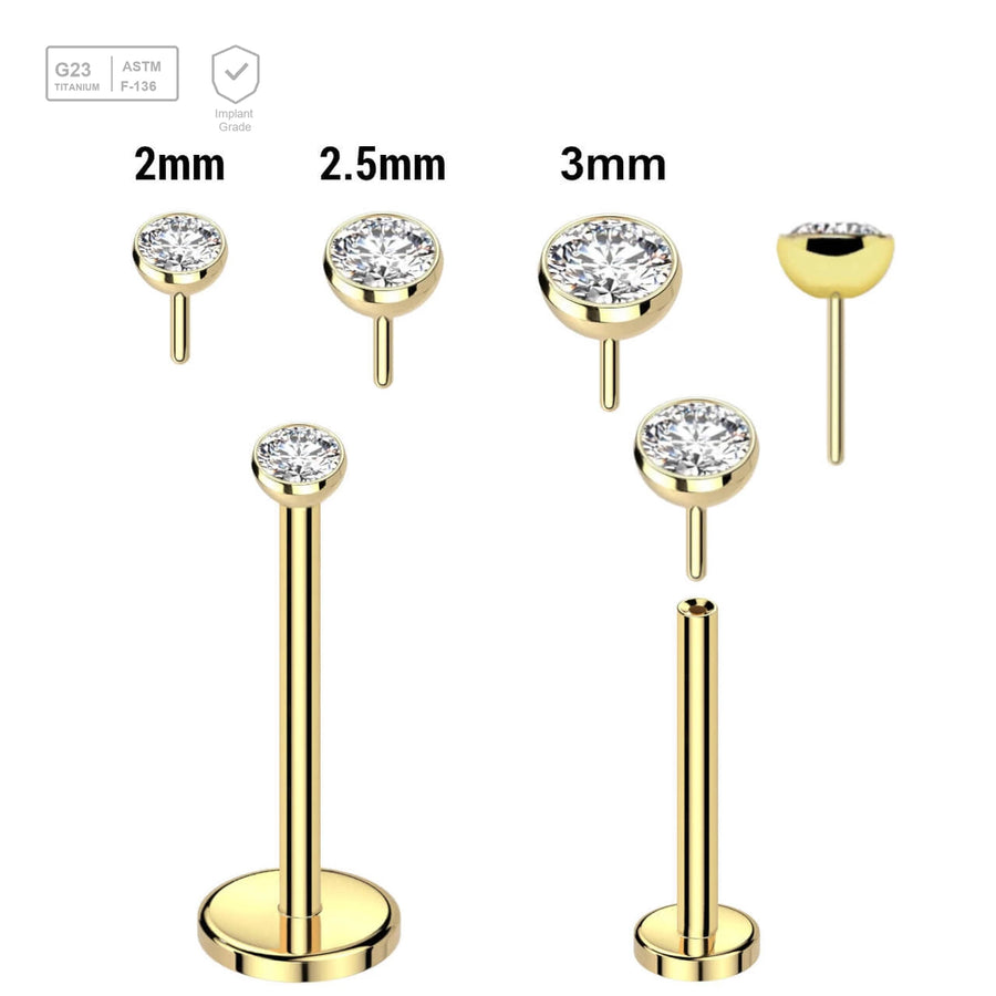 Pack of 5 Gold PVD plated Titanium threadless push in labrets, Thickness 0.8mm with flat jewel ball tops - G23 ASTM F-136 implant grade titanium body jewelry