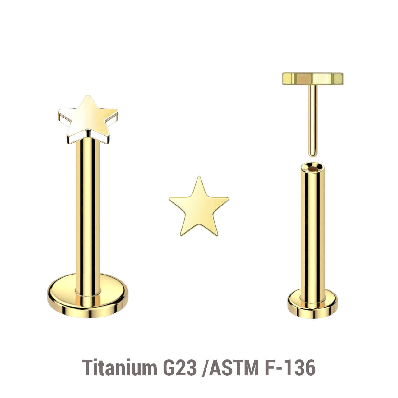 Pack of 5 Gold PVD plated Titanium threadless push in labrets with 3mm flat star shaped tops