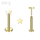 Pack of 5 Gold PVD plated Titanium threadless push in labrets with 3mm flat star shaped tops - G23 ASTM F-136 implant grade titanium body jewelry