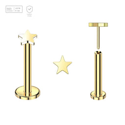 Pack of 5 Gold PVD plated Titanium threadless push in labrets with 3mm flat star shaped tops - G23 ASTM F-136 implant grade titanium body jewelry