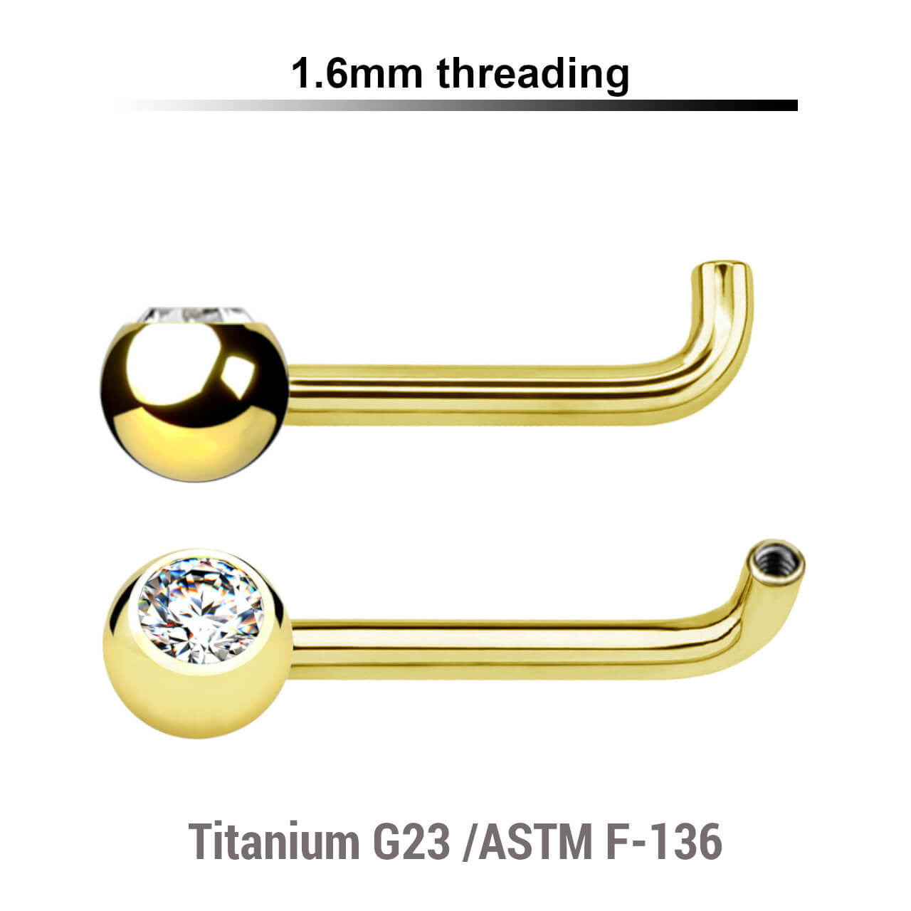 Pack of 5 gold PVD plated titanium internally threaded Christina barbell post with a rise of 2.5mm and one 5mm upward facing bezel set jewel ball, thickness 1.6mm