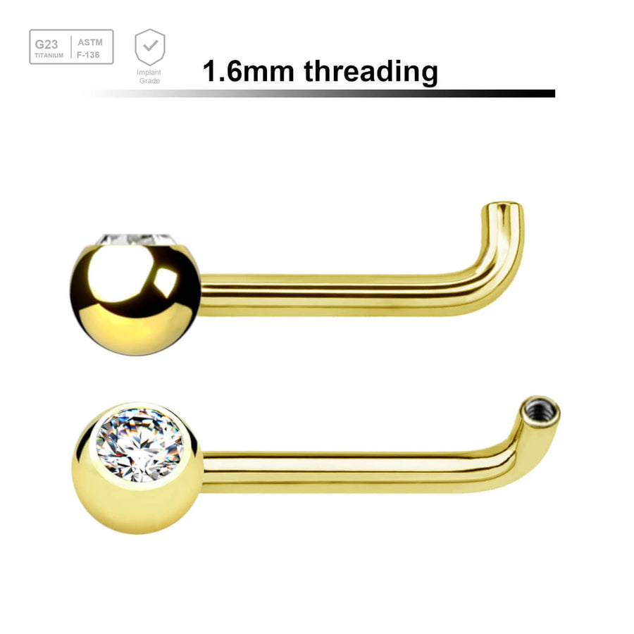 Pack of 5 gold PVD plated titanium internally threaded Christina barbell post with a rise of 2.5mm and one 5mm upward facing bezel set jewel ball, thickness 1.6mm - G23 ASTM F-136 implant grade titanium body jewelry