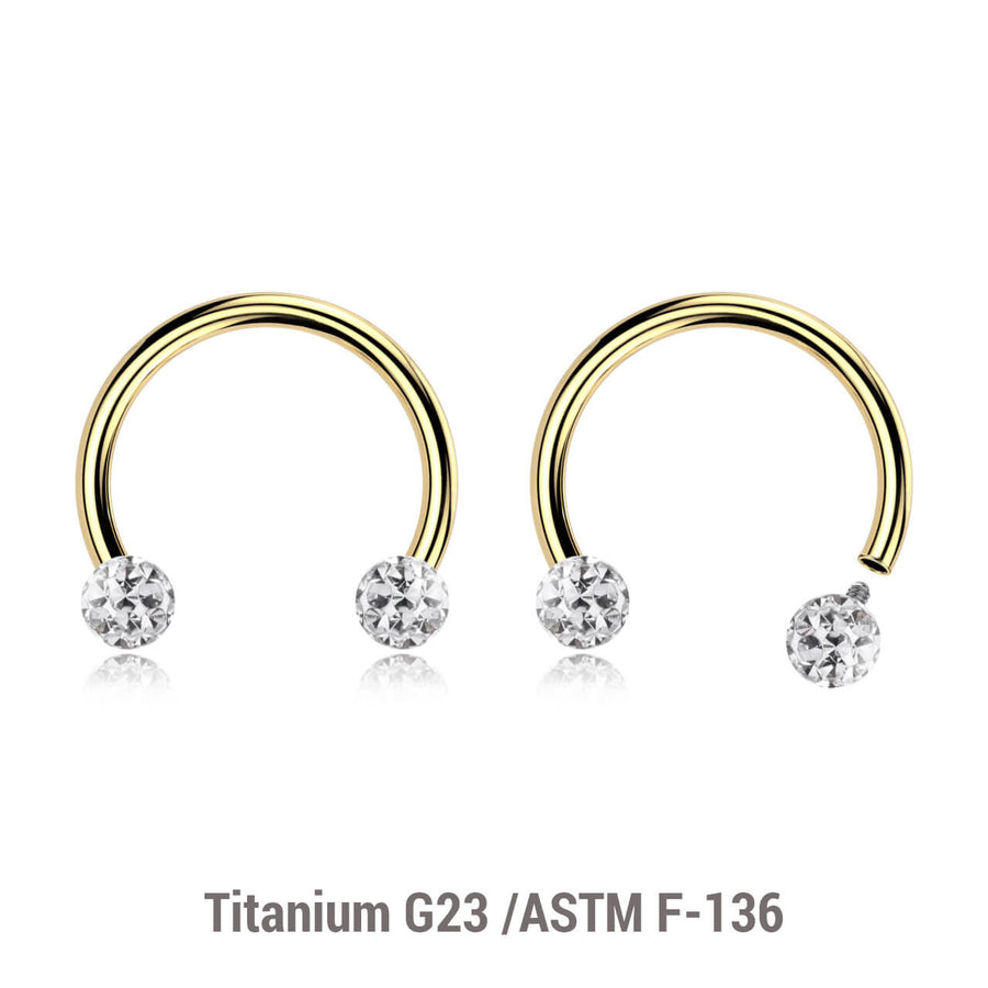 Pack of 5 PVD plated titanium internally threaded circular barbells, Thickness 1.2mm, with two 3mm multi-crystal balls with epoxy resin cover