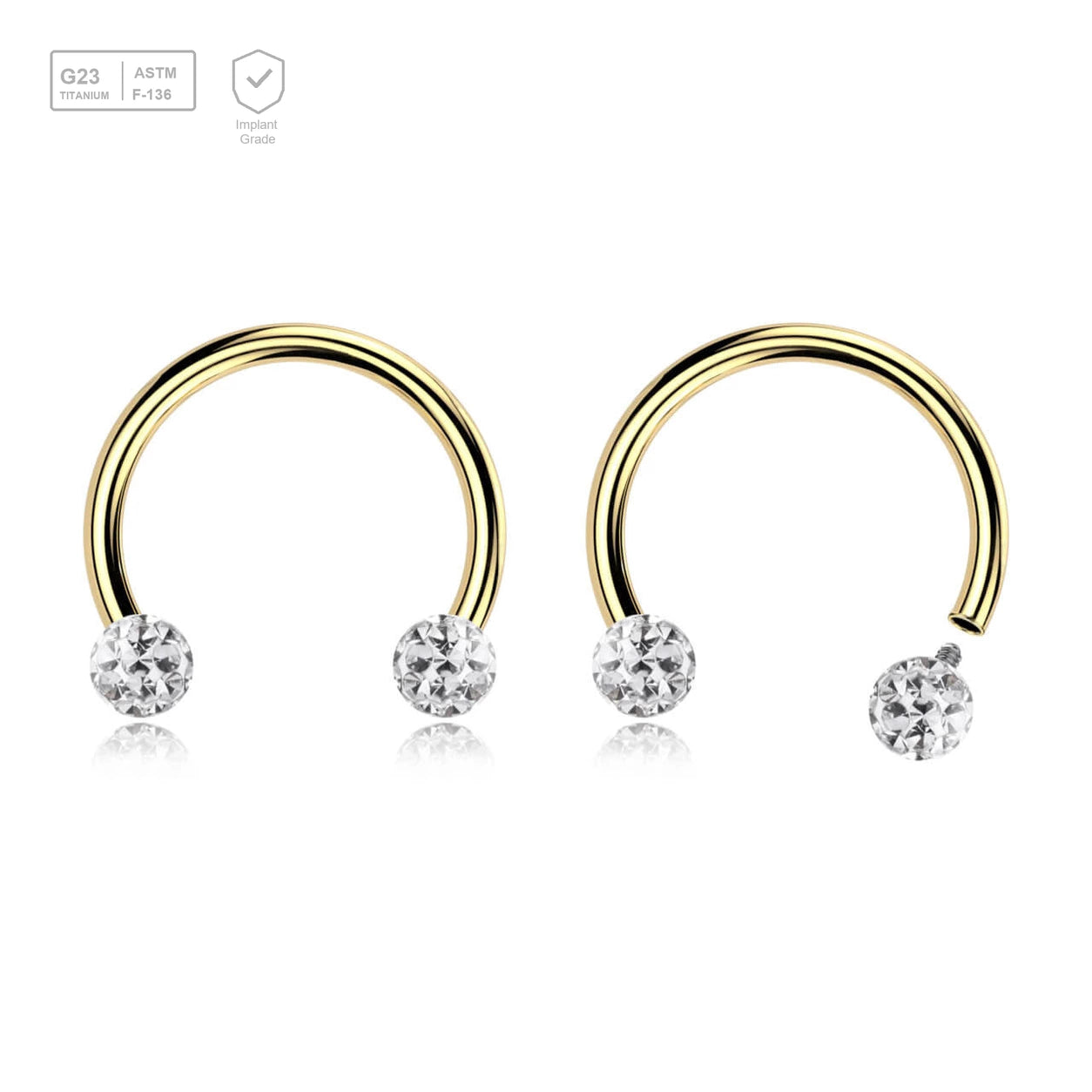 Pack of 5 PVD plated titanium internally threaded circular barbells, Thickness 1.2mm, with two 3mm multi-crystal balls with epoxy resin cover - G23 ASTM F-136 implant grade titanium body jewelry