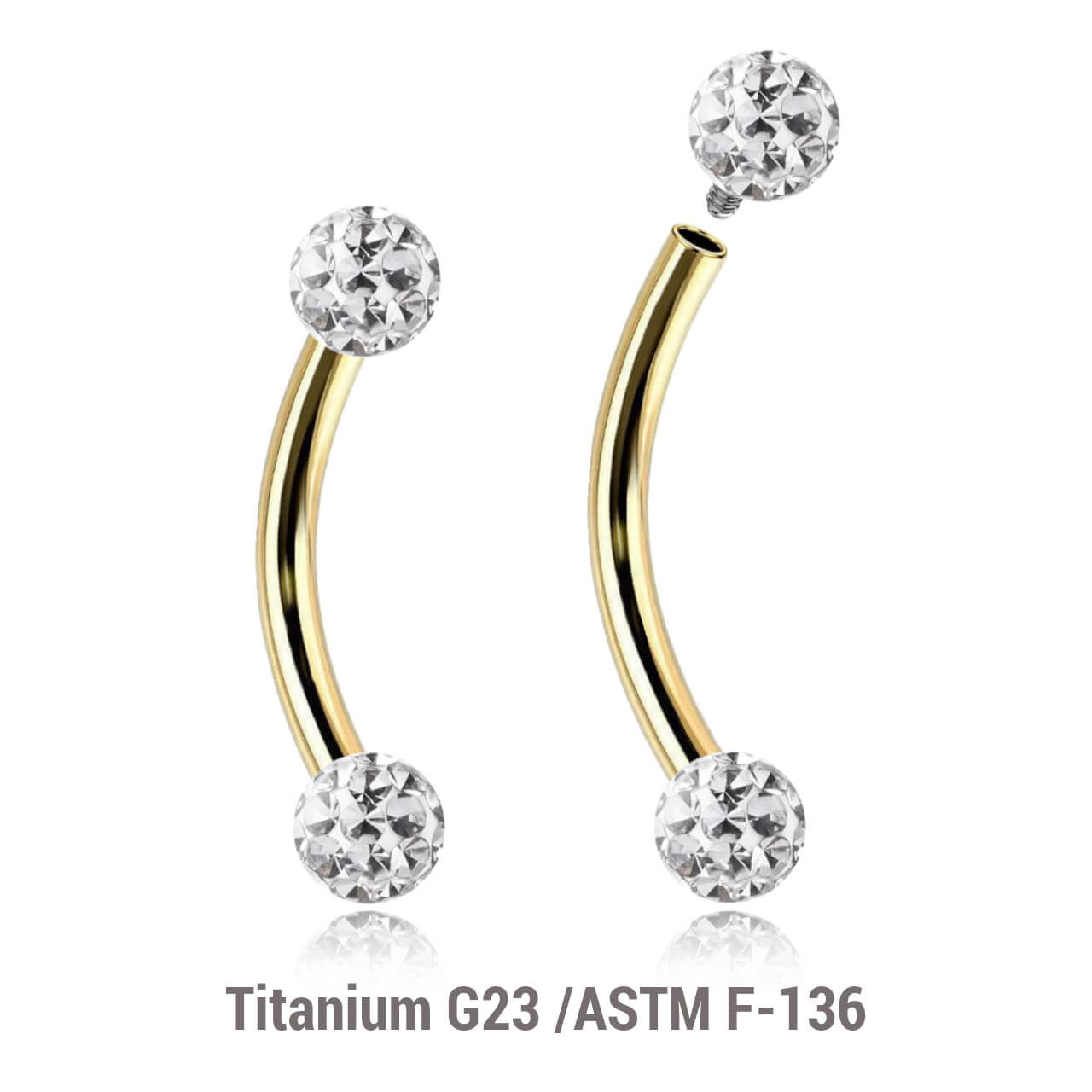 Pack of 5 Gold PVD plated titanium internally threaded eyebrow bananas, Thickness 1.2mm, with two 3mm multi-crystal balls with epoxy resin cover.
