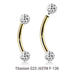 Pack of 5 Gold PVD plated titanium internally threaded eyebrow bananas, Thickness 1.2mm, with two 3mm multi-crystal balls with epoxy resin cover.