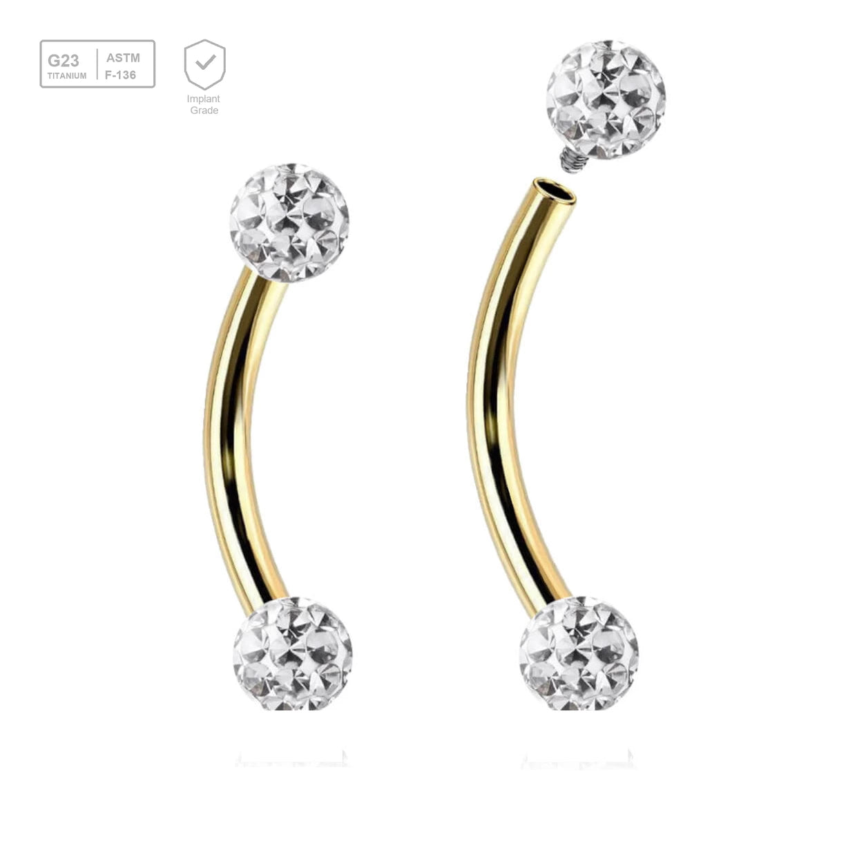 Pack of 5 Gold PVD plated titanium internally threaded eyebrow bananas, Thickness 1.2mm, with two 3mm multi-crystal balls with epoxy resin cover. - G23 ASTM F-136 implant grade titanium body jewelry