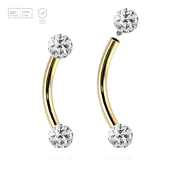 Pack of 5 Gold PVD plated titanium internally threaded eyebrow bananas, Thickness 1.2mm, with two 3mm multi-crystal balls with epoxy resin cover. - G23 ASTM F-136 implant grade titanium body jewelry