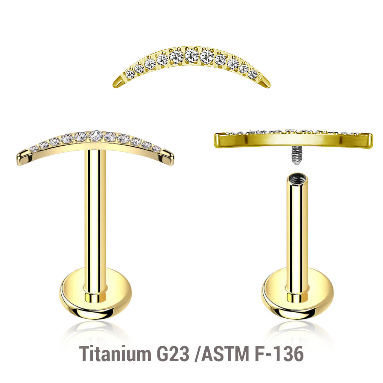 Pack of 5 Gold PVD plated titanium internally threaded labrets, Thickness 1.2mm, with a CZ studded crescent moon top