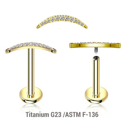 Pack of 5 Gold PVD plated titanium internally threaded labrets, Thickness 1.2mm, with a CZ studded crescent moon top