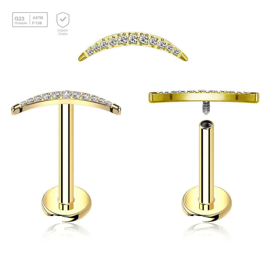 Pack of 5 Gold PVD plated titanium internally threaded labrets, Thickness 1.2mm, with a CZ studded crescent moon top - G23 ASTM F-136 implant grade titanium body jewelry