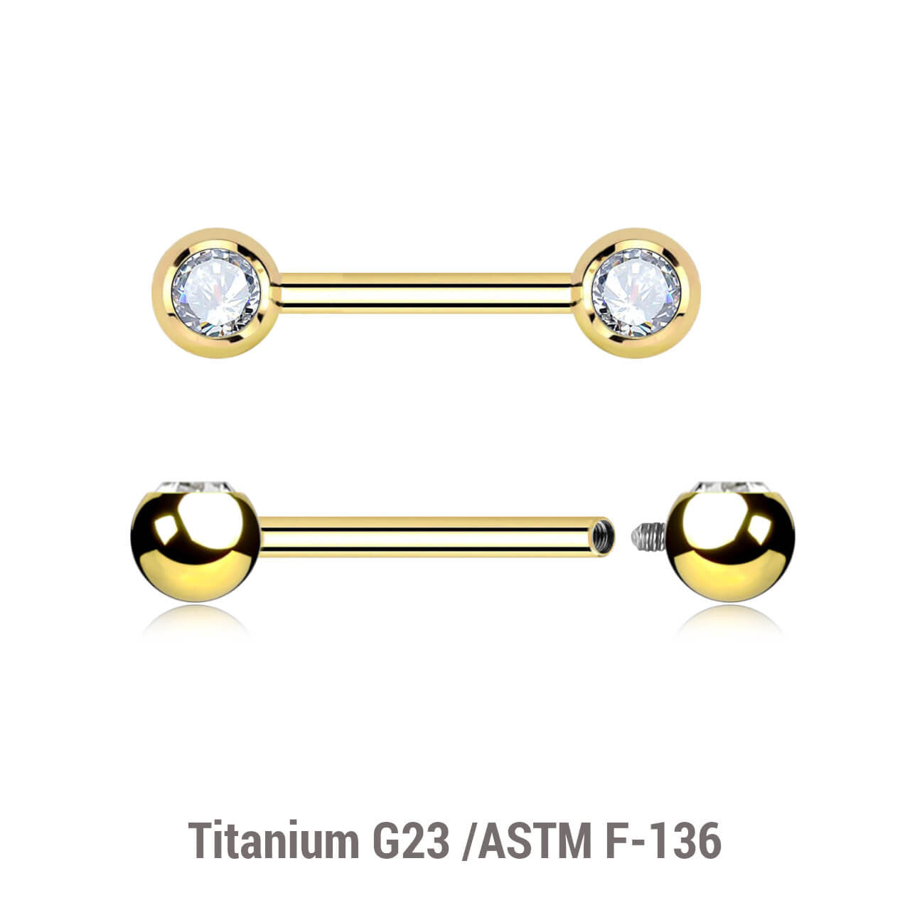Pack of 5 Gold PVD plated titanium internally threaded nipple barbells with 5mm forwarding facing bezel set crystal balls, thickness 1.6mm