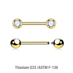 Pack of 5 Gold PVD plated titanium internally threaded nipple barbells with 5mm forwarding facing bezel set crystal balls, thickness 1.6mm