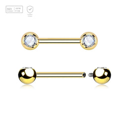 Pack of 5 Gold PVD plated titanium internally threaded nipple barbells with 5mm forwarding facing bezel set crystal balls, thickness 1.6mm - G23 ASTM F-136 implant grade titanium body jewelry