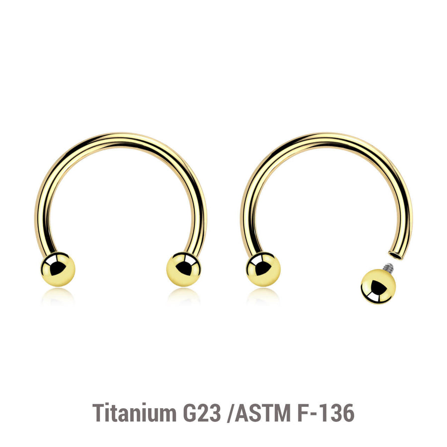 Pack of 5 PVD plated titanium internally threaded circular barbells, Thickness 1.2mm, Ball size 2.5mm