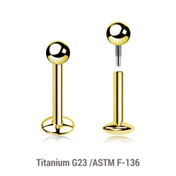 Pack of 5 Gold PVD plated titanium internally threaded labrets with convex base plate, Thickness 1.2mm, ball size 3mm