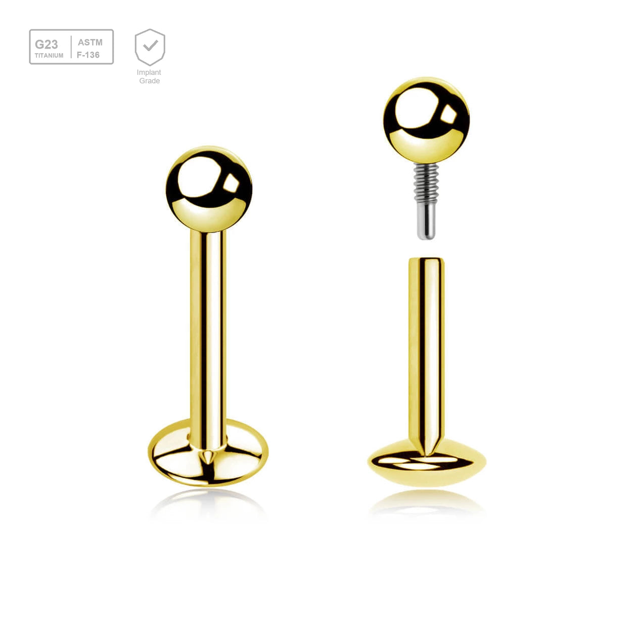Pack of 5 Gold PVD plated titanium internally threaded labrets with convex base plate, Thickness 1.2mm, ball size 3mm - G23 ASTM F-136 implant grade titanium body jewelry