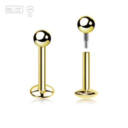 Pack of 5 Gold PVD plated titanium internally threaded labrets with convex base plate, Thickness 1.2mm, ball size 3mm - G23 ASTM F-136 implant grade titanium body jewelry