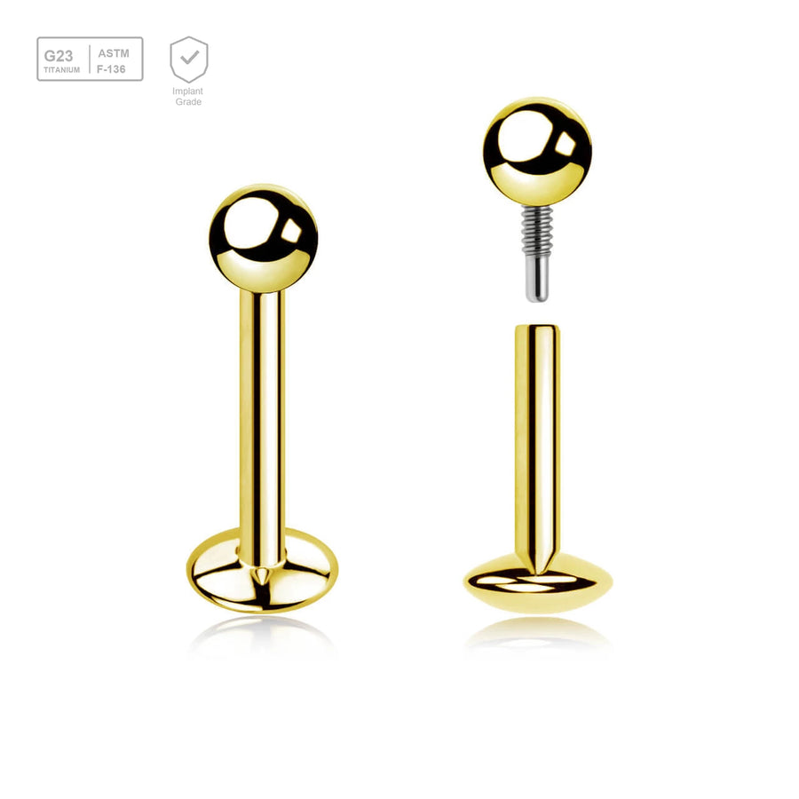 Pack of 5 Gold PVD plated titanium internally threaded labrets with convex base plate, Thickness 1.2mm, ball size 3mm - G23 ASTM F-136 implant grade titanium body jewelry