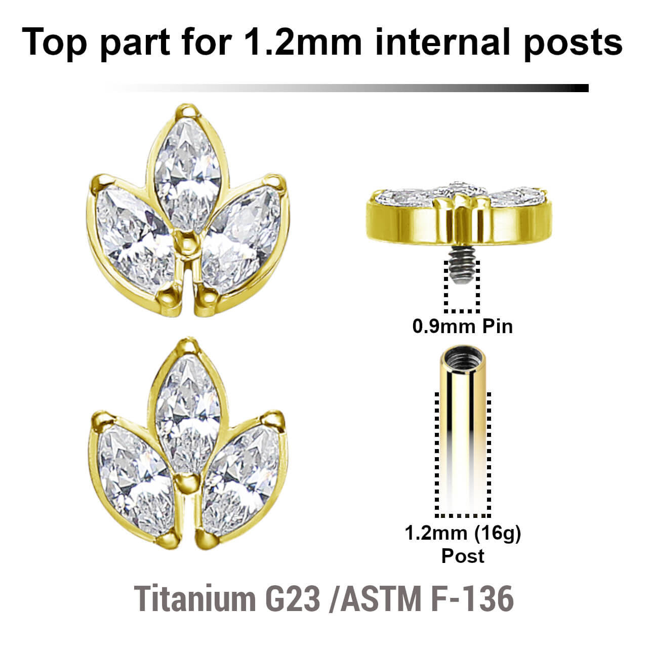 Pack of 5 Gold PVD plated Titanium internally threaded labret tops with a leaf shaped top with 3 marquis cut prong set CZ stones