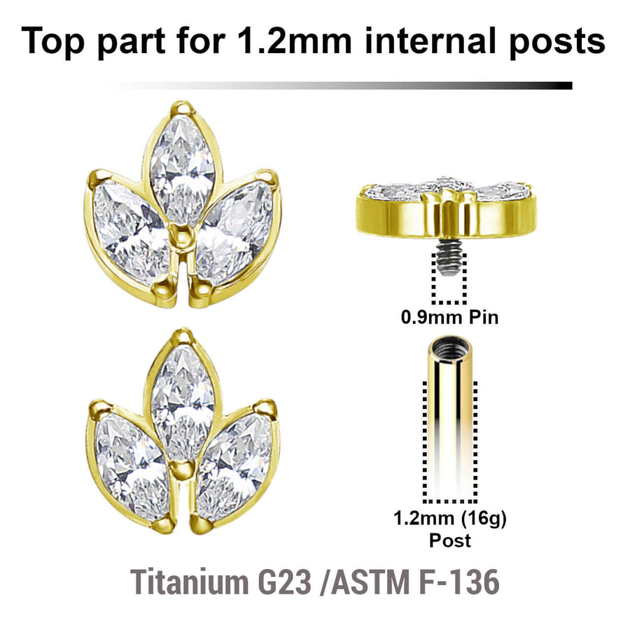 Pack of 5 Gold PVD plated Titanium internally threaded labret tops with a leaf shaped top with 3 marquis cut prong set CZ stones